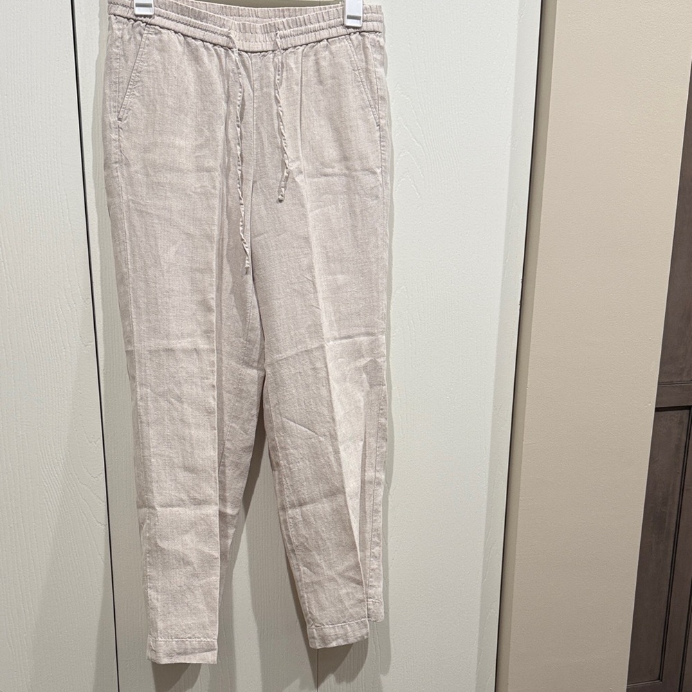 Talbots Light Beige Elastic Waist Drawstring 100% Linen Pants Size 10